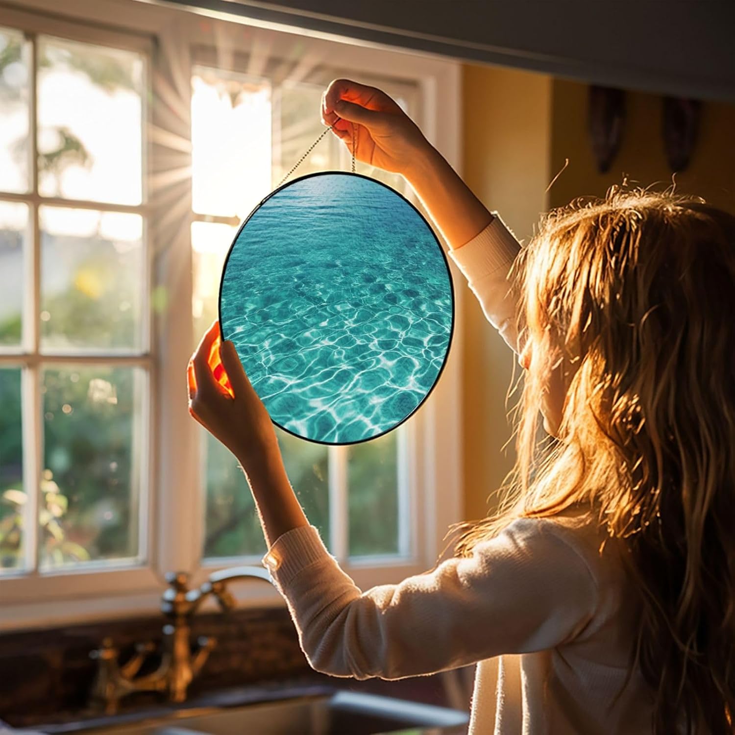 Stained Glass Window Hanging 6in Window Suncatcher Glass Panel with Metal Chain Blue Aqua Pool Water Sun Catchers Wall Art Home Decor Gift for Women Mother's Day