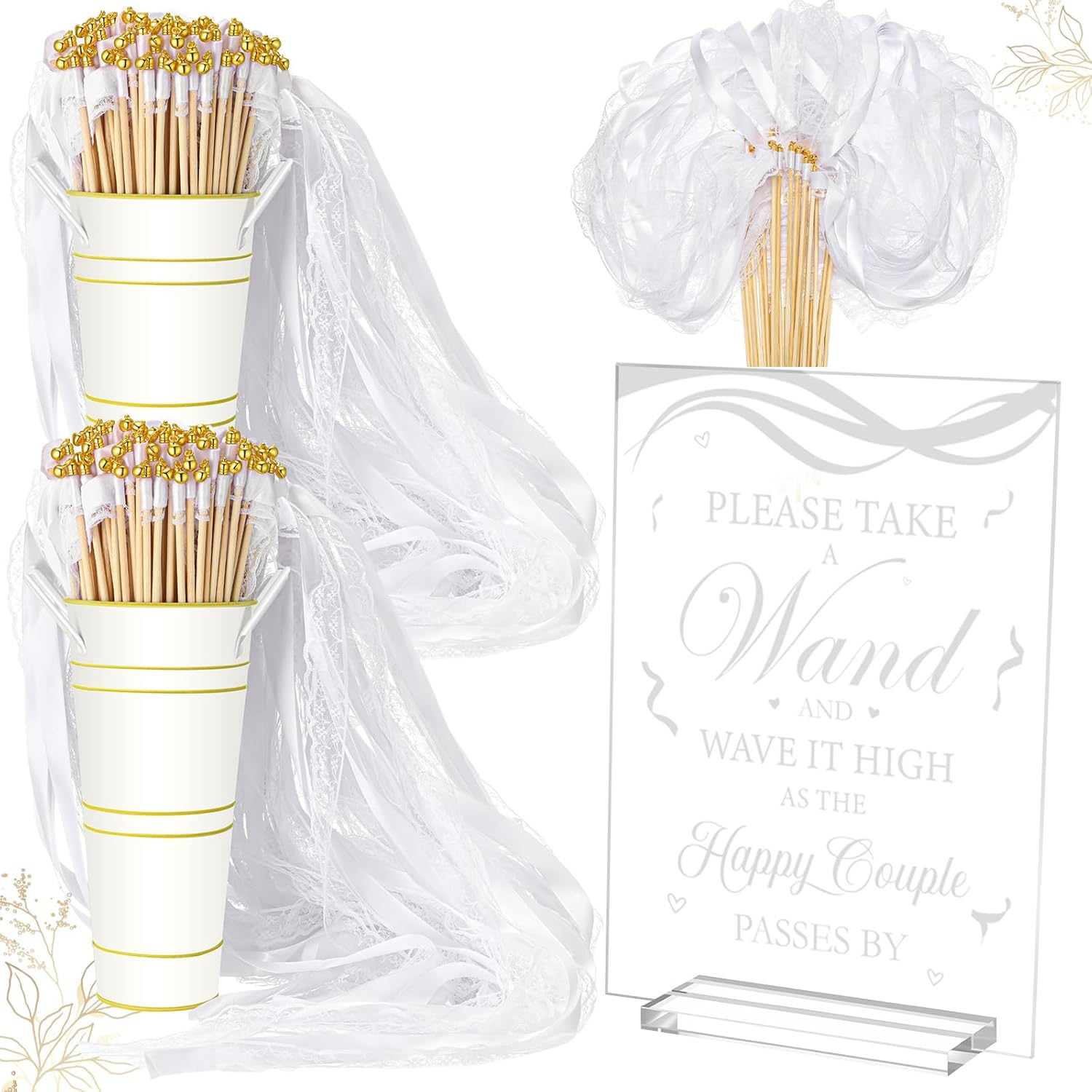 103 Pcs Wedding Wand with 2 Galvanized Metal Buckets and 1 Acrylic Send Off Sign White Lace Ribbon Streamers with Gold Bells for Wedding Bridal Shower Photo Prop Send