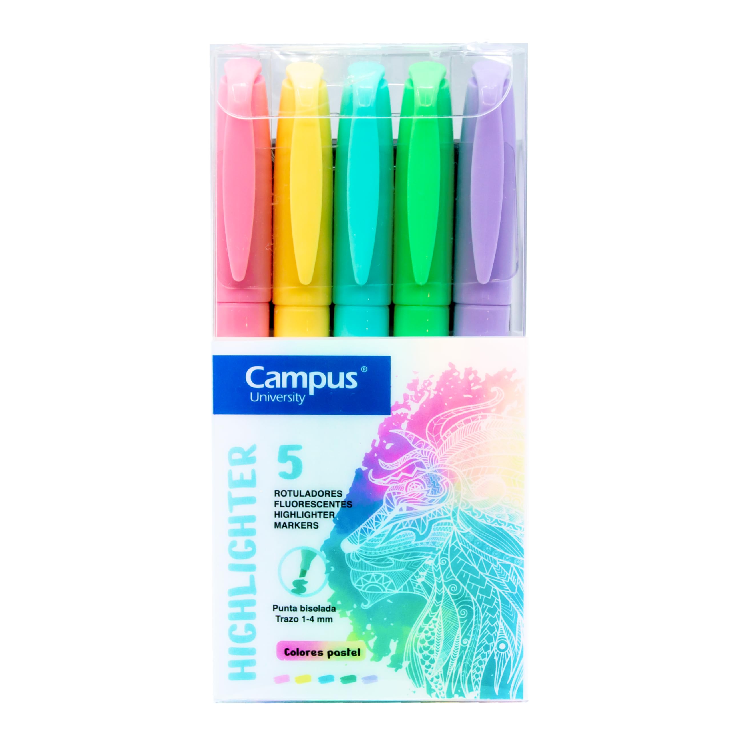 Campus – Subrayadores Pastel, Lápiz marcador con Punta Biselada, Pack de 5 Highlighter Pen de Colores Pastel, Rotuladores Resaltadores de Base al Agua (Pack de 5 Pastel)