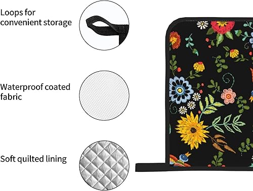 Miniatura 5 de Juego de 4 manoplas para horno y agarraderas florales mexicanas, guantes de cocina estilo campestre, antideslizantes, resistentes al calor, guantes