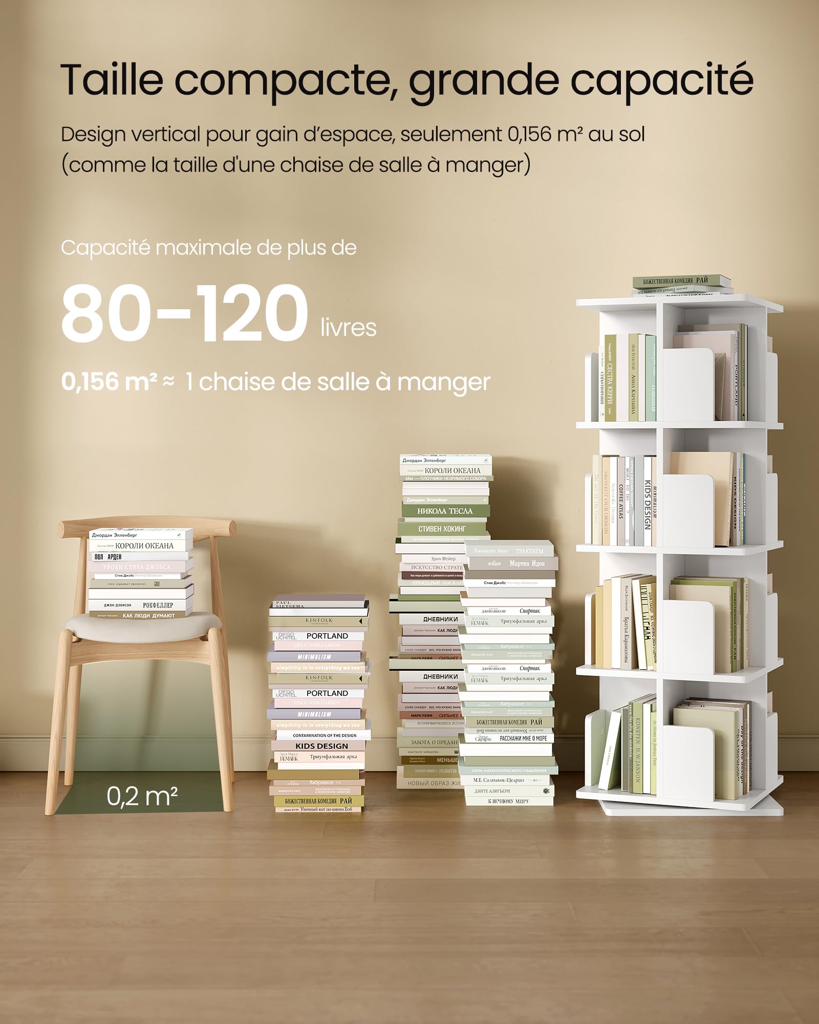 EUGAD Étagère Livre Rotative 360° à 4 Niveaux, Bibliothèque Colonne Tournante, Meuble de Rangement Moderne pour Salon, Bureau, Chambre, 40x40x129 cm, Blanc