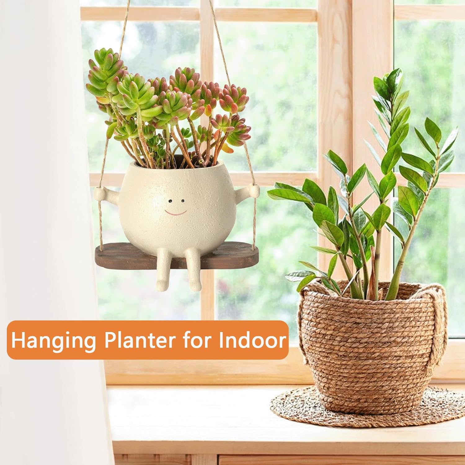 Swing Face Planter Pots, Smile Face Resin Flower Pot, Hanging Swing Plant Pot, Wall Hanging Planters, Unique Sitting Sway Pots, Indoor Outdoor Succulents Plants Pot Basket for Home Decor & Gifts