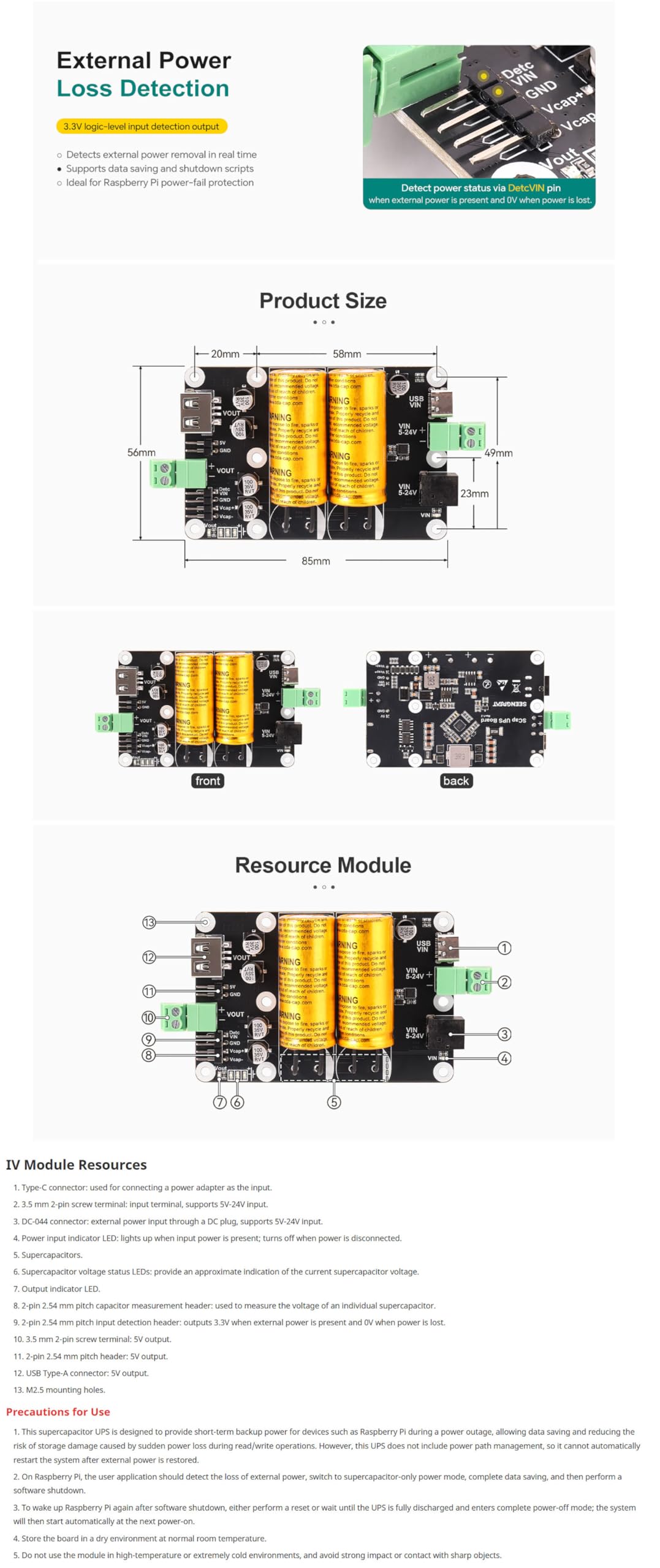 SCap Supercapacitor UPS Module, 5V Backup Power Board | 5V output UPS module with 5V-24V input, dual supercapacitors, Type-C/DC input, USB-A and header outputs with protection