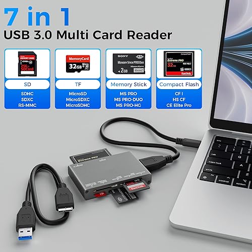 Miniatura 2 de Lector de tarjetas SD 7 en 1, lector de tarjetas SD USB 3.0, adaptador de tarjeta de memoria micro SD, lector de tarjetas de cámara, (con cables USB