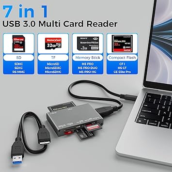 7-in-1 Multi Memory Card Reader, USB 3.0 SD Card Reader Writer(5Gbps) Read 7 Cards Simultaneously for SD/Micro SD/MS/CF/MMC/XD/SDHC/SDXC Camera Memory Card (with 2 USB A and C to Mirco B 3.0 Cables)