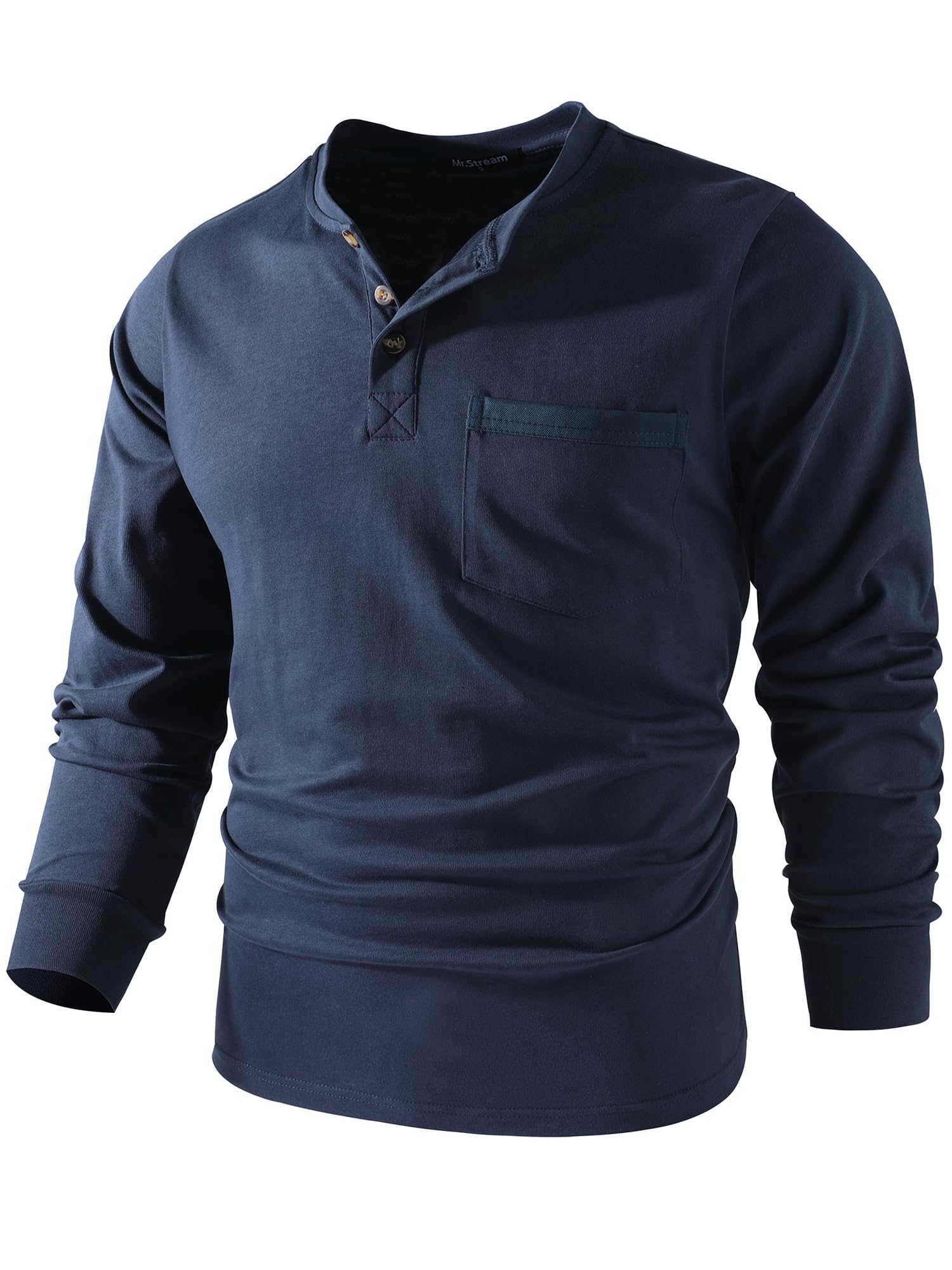 Mr.StreamMen's 3 Button Full Long Sleeve Pocket Work Henley T-Shirts Relaxed Fit 100% Cotton Heavyweight Tees