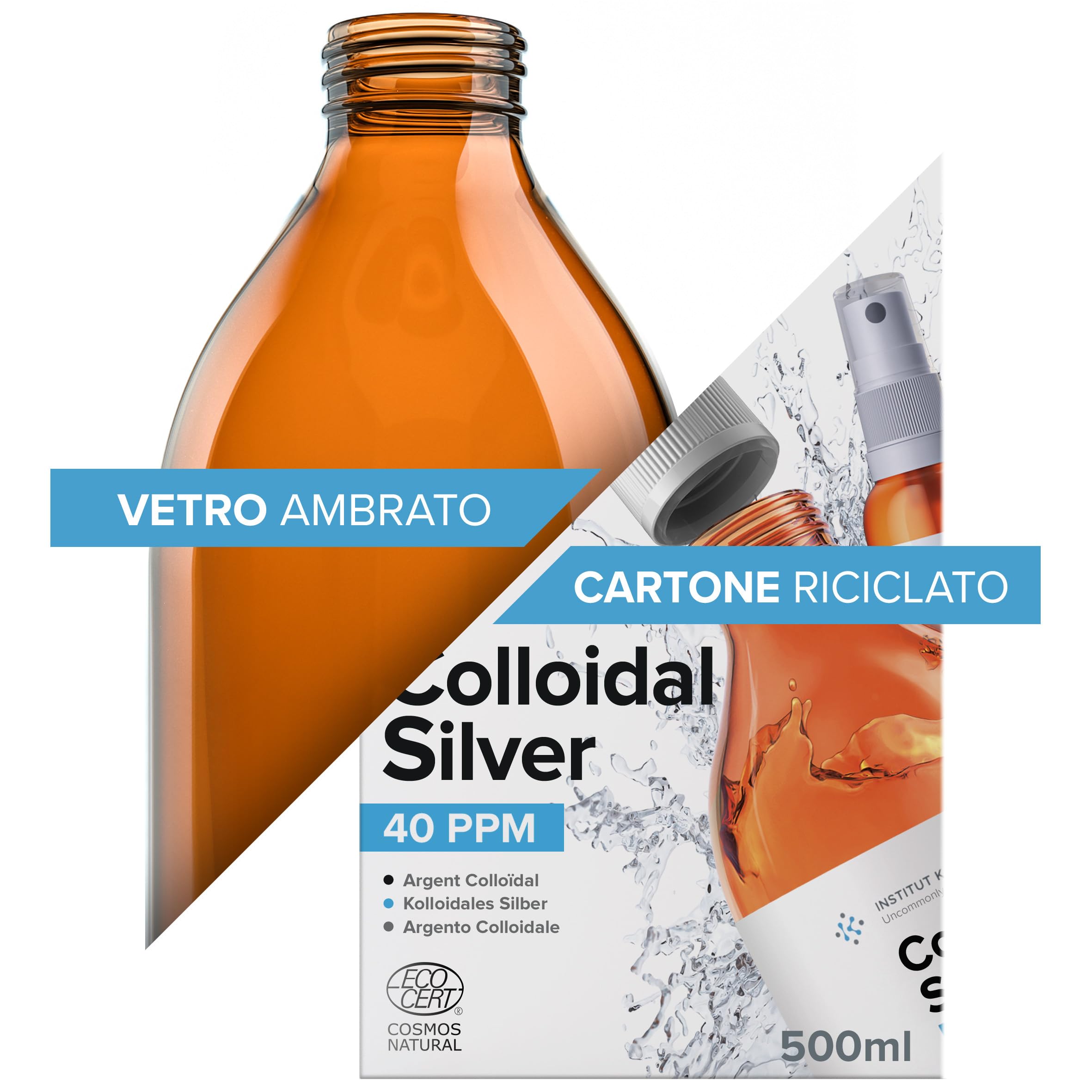 Institut Katharos 40 PPM Argento Colloidale Spray con Flacone Spray Di Ricarica Gratuito, 300 ml