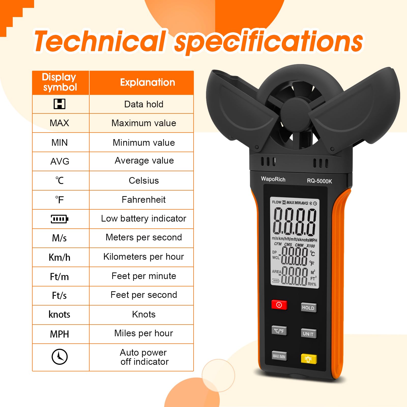 Anémomètre numérique WapoRich - Mesure de l'humidité / de la température / de la vitesse du vent avec MAX/MIN/AVG - Pour HVAC, voile, surf, drone - RQ-5000 K
