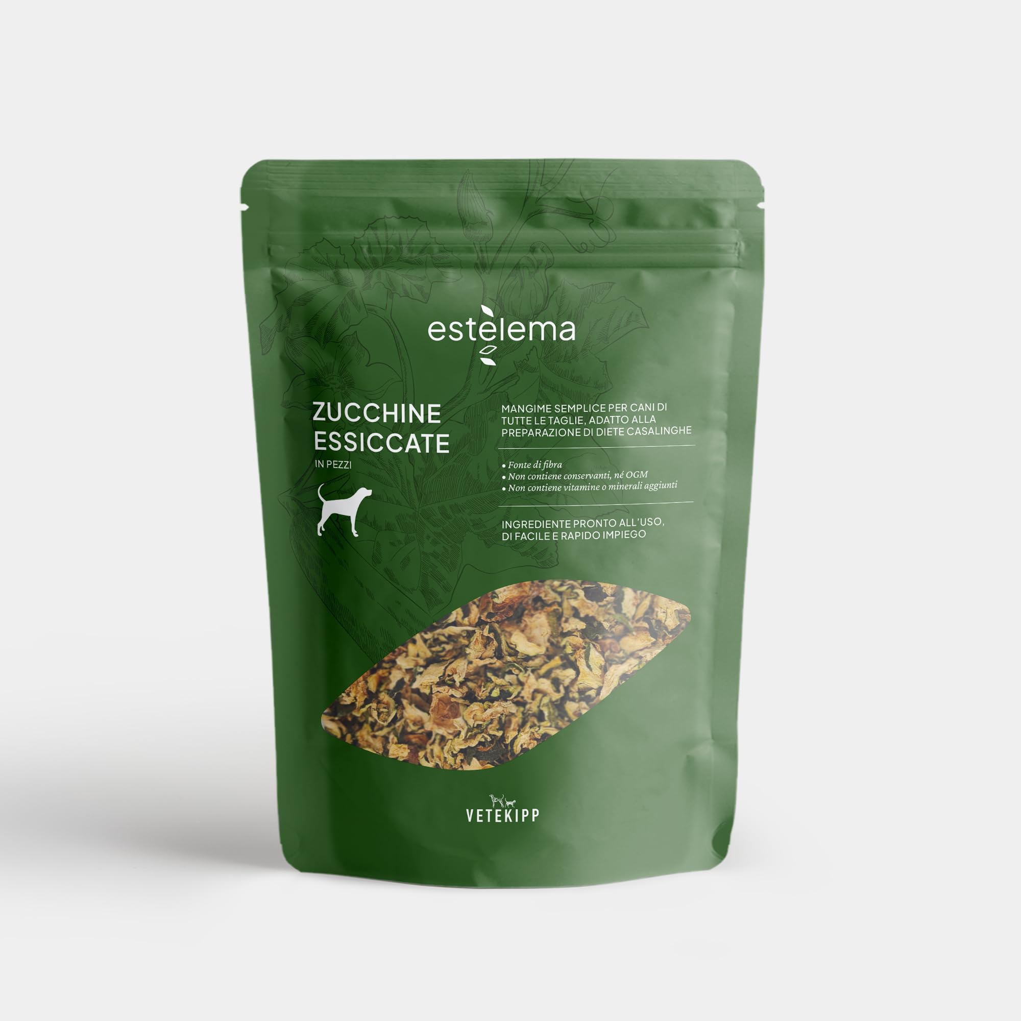 Zucchine disidratate a pezzi per cani 300 g – 100% naturali, senza additivi – Doypack richiudibile – Snack sano o ingrediente BARF