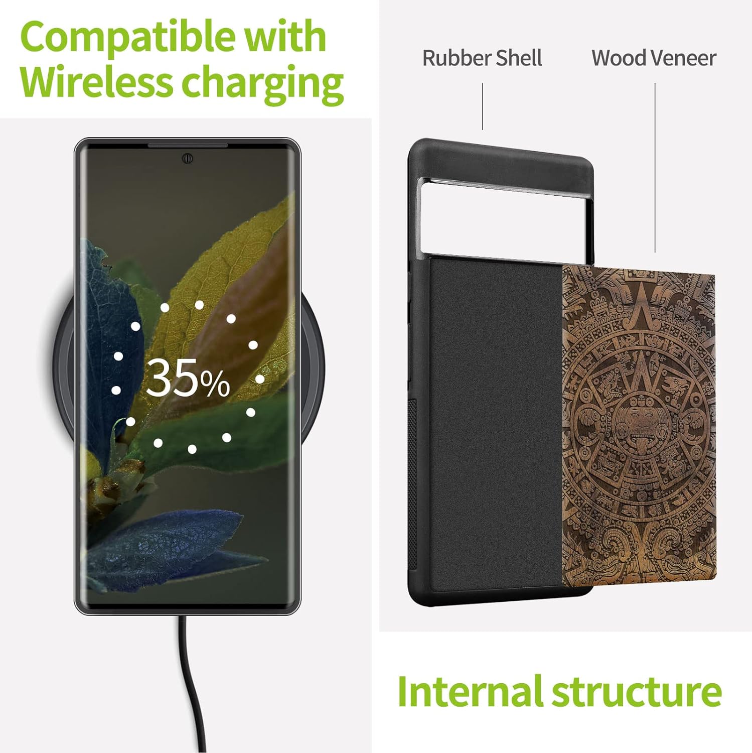 Carveit Wood Case for Pixel 6 Pro Case [Natural Wood & Black Soft TPU] Shockproof Protective Unique & Classy Wooden Cover Compatible with Google Pixel 6 Pro (Mayan Symbols-Walnut)