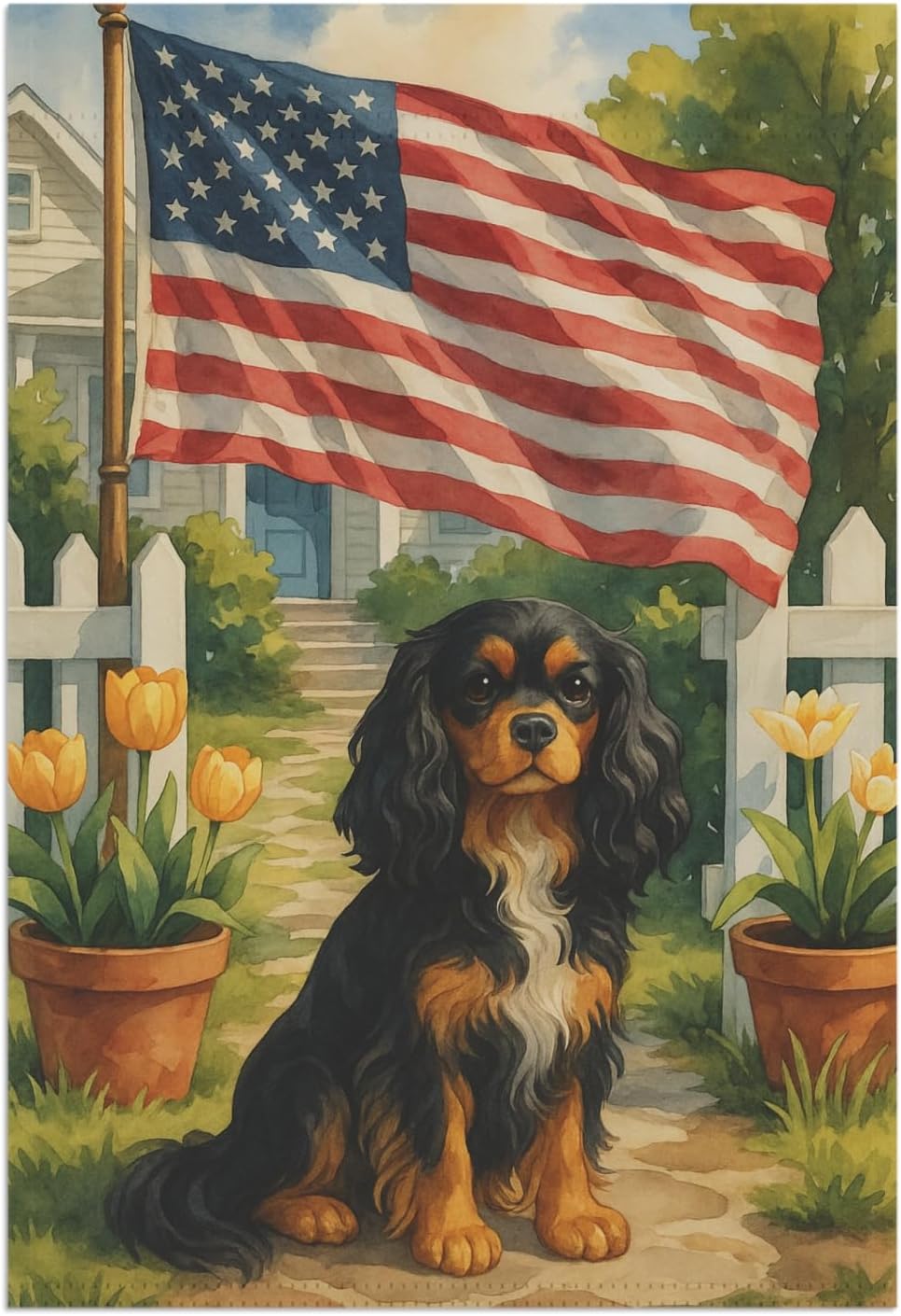 PUDDINFLAGS Black Tan King Charles Cavalier Spaniel Garden Flag, 4th of July, US Yard Outside Decor, Patriotic Housewarming