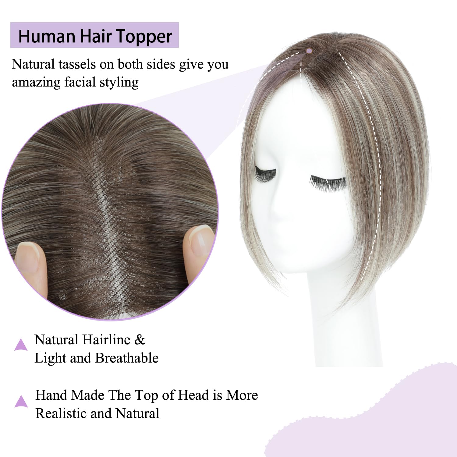Human Hair Topper for Thinning Crown - 10 inch Swiss Base Adding Extra Volume (Ombre Brown with Blonde Highlight) - Image 2