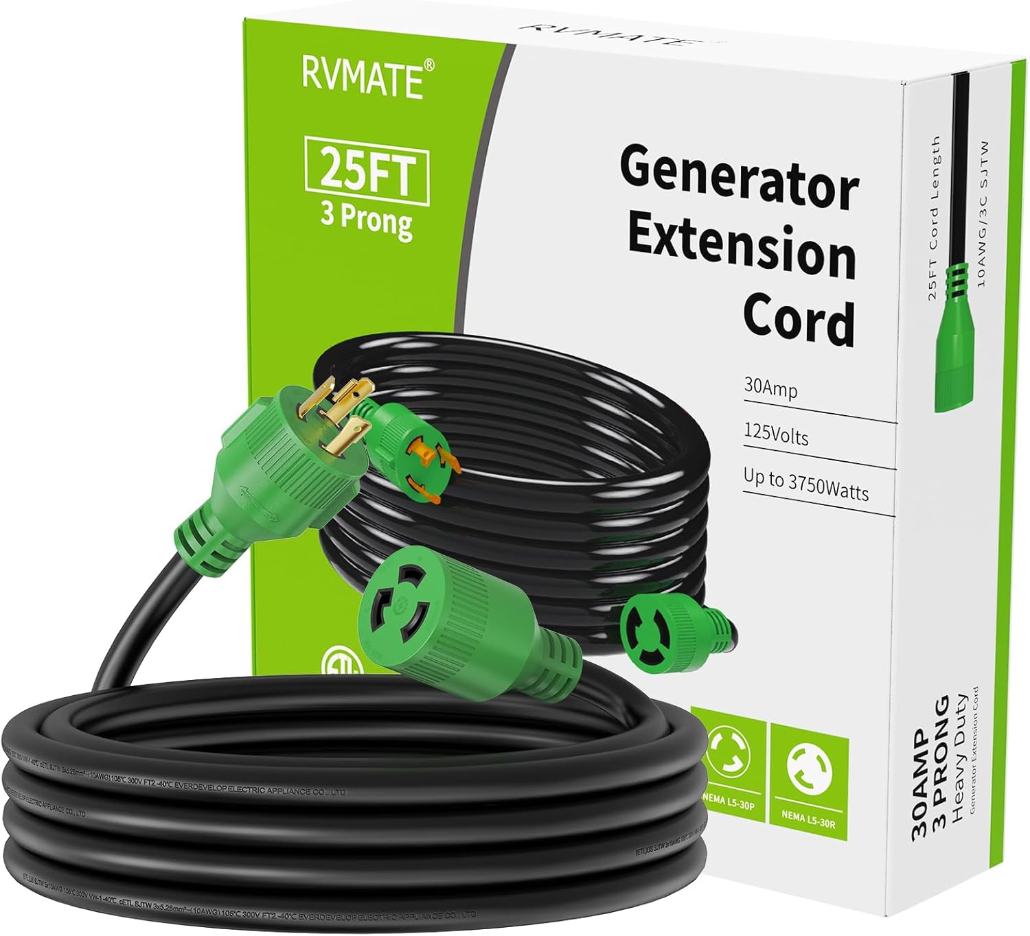 RVMATE 3 Prong 30 Amp Generator Extension Cord 25 Feet, NEMA L5-30P/L5-30R 125V SJTW Jacket