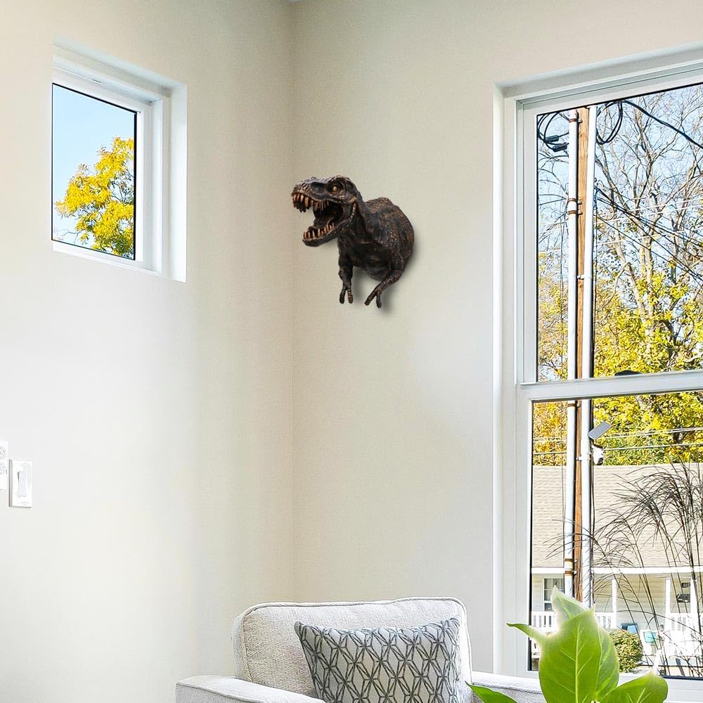 Polyresin Dinosaur Wall Bust, 12.2"H T-rex Sculpture, Copper Color, Wall Hanging Home Decor