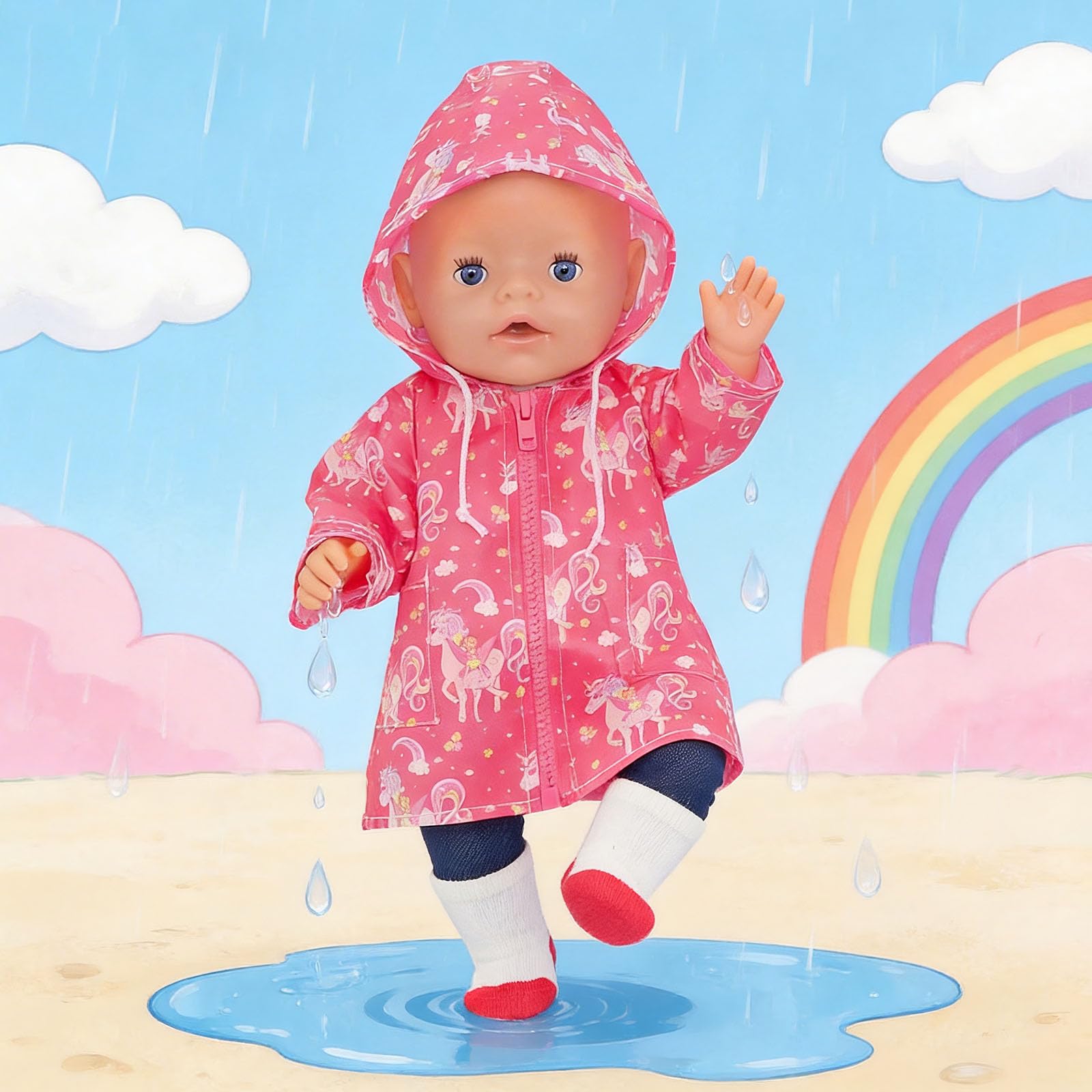 Baby Doll Clothes Raincoat Outfit for 14–18 Inch Dolls, 5 Pcs Waterproof Doll Clothes Set with Rose Red Pony Rain Jacket, T-Shirt, Pants, Socks & Hanger, 35–45cm Doll Accessories (No Doll)