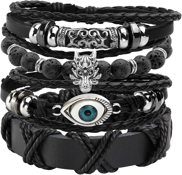 MILAKOO Leather Bracelet Black Brown Braided Wide Wristband Women Men Punk Jewelry Skull