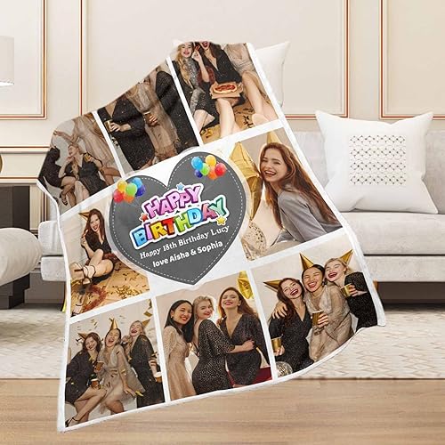 Miniatura 4 de D-Story Manta de cumpleaños personalizada con fotos, mantas personalizadas de feliz cumpleaños con texto de imágenes familiares, regalos de