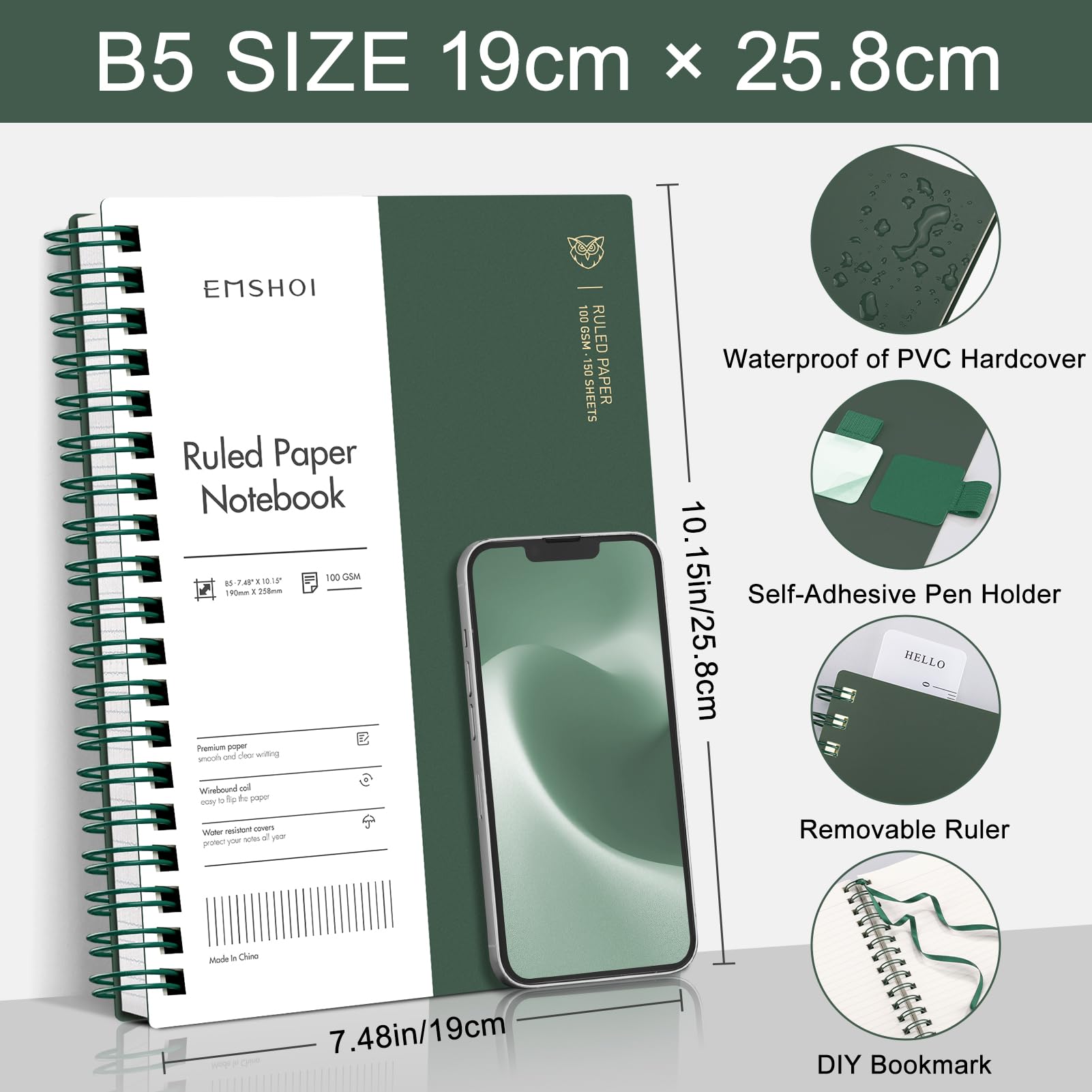 EMSHOI B5 Notebook College Ruled, Spiral Notepad 150 Sheets/300 Pages, 100gsm, PVC Cover, Sticky Notes, Pocket, Pen Loop - Image 2