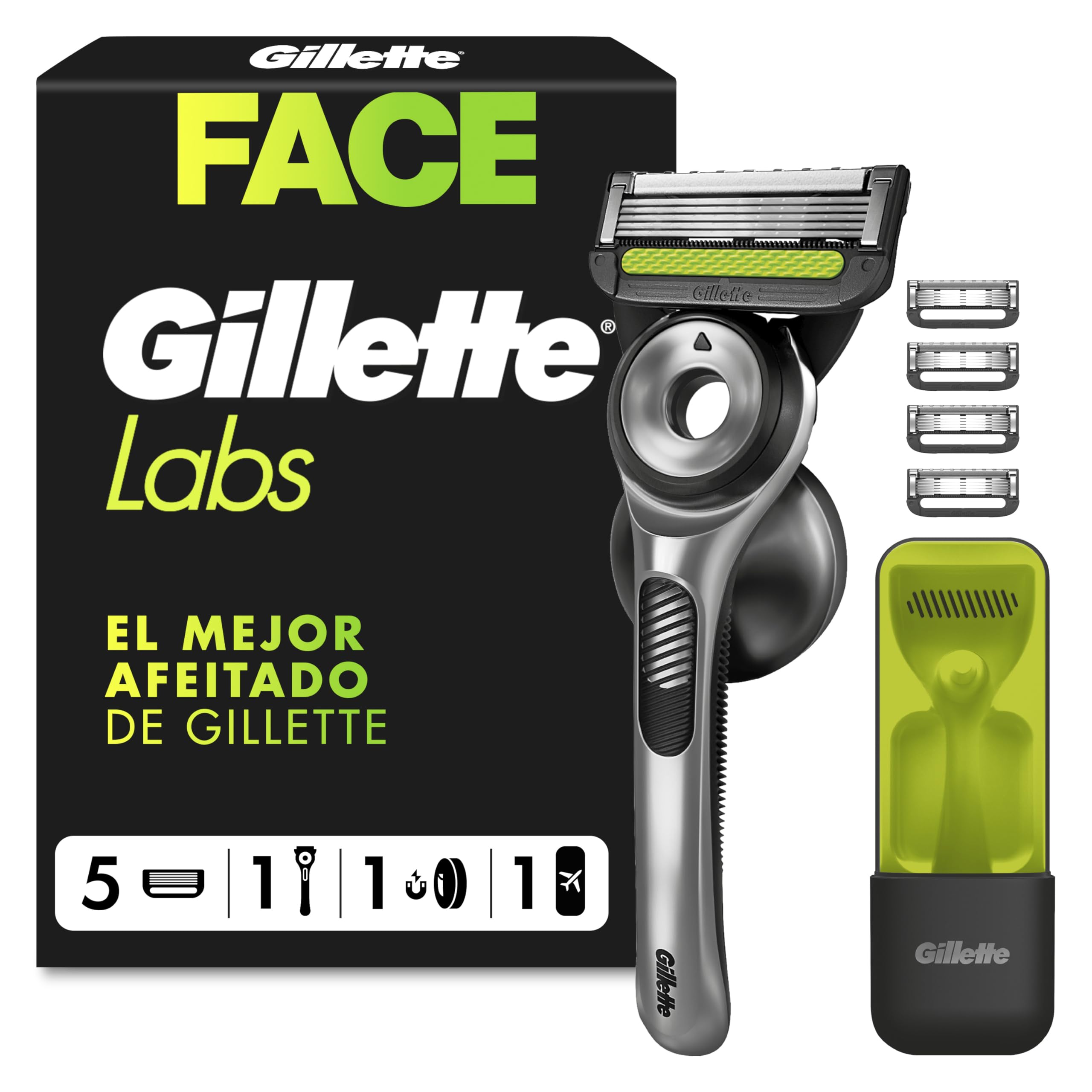 GilletteLabs Maquinilla de Afeitar para Hombre con 5 Recambios | Mango de Metal con Barra Exfoliante Integrada, 5 Cuchillas con Banda Lubricante, Estuche de Viaje Y Colgador de Pared