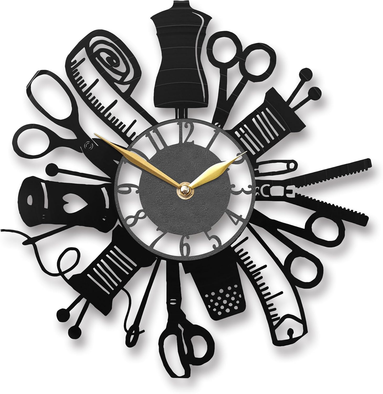 Sewing Themed Wall Clock, 12 Inch Vinyl Record, Gifts for Sewing Lovers, Craft Room Decor, Quilter Gifts, Quilting Design for Crafter, Black