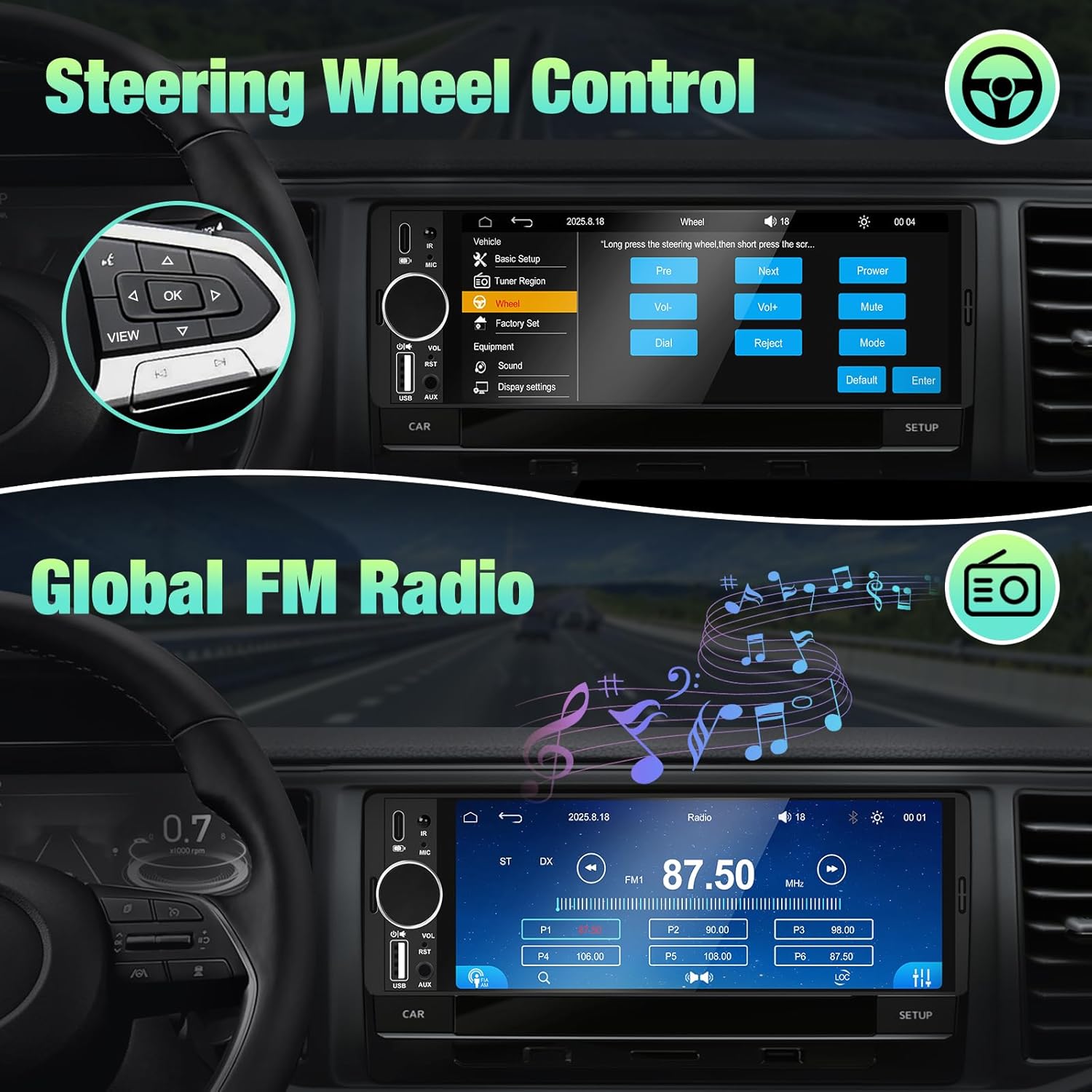 Single Din Radio for Car - Supports Apple Carplay & Android Auto，6.28 inch Single Din Touchscreen Radio with Bluetooth，Backup Camera，Enhanced Mic，USB ，SWC ，RCA，EQ，FM (Black)