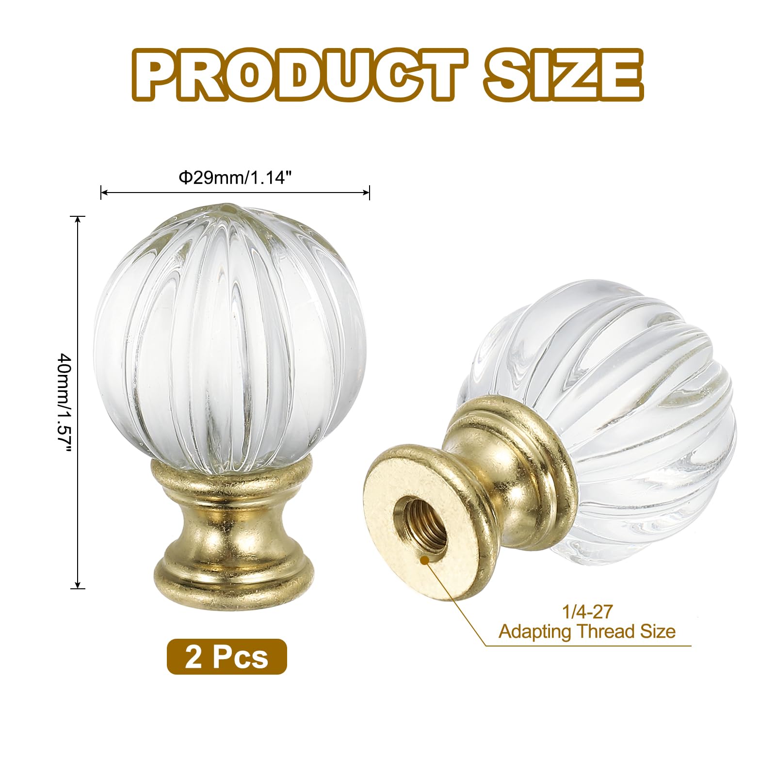PATIKIL 1/4-27 Lamp Finial Cap for Lampshade Harp Top, 2Pcs Cap Nut Screw Cap Knob Clear Pumpkin Ball Shaped Crystal Lamp Shade Decoration for Table Floor Lamp, Gold Tone - Image 2