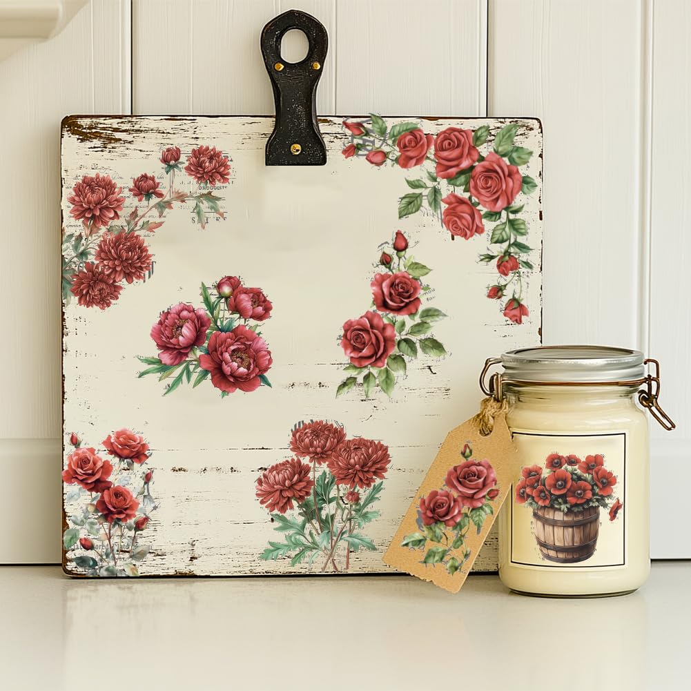 INFUNLY 3PCS Vintage Red Rose Rub on Transfers for Furniture 5.9"×11.8" Flower Theme Transfers Sticker Botanical Peony Transfers Stickers with Word Background for Wood Glass Scrapbook DIY Paper - Image 4