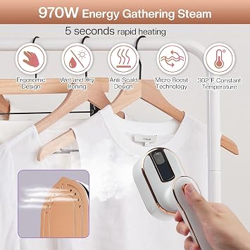 Mini Steam Iron and Portable Steamer for Clothes, 970W Handheld Garment Steamer Iron for Home Travel (White)