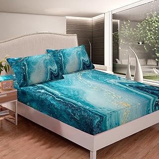 Erosebridal Marble Bedding Set Full Size,Teal Blue Marble Fitted Sheet Teal Gold Liquid Printed Sheet Set for Girly,Soft Microfiber Quicksand Bedding Turquoise Bed Cover Set Decorative 3 Piece