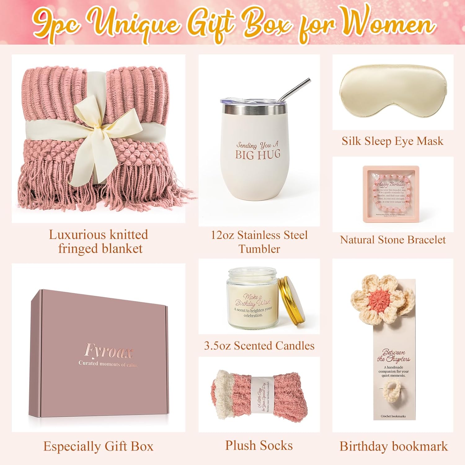 Birthday Gifts for Women, 8pcs Unique Happy Birthday Gift Basket for Mom, Sister, Best Friend, Coworker | Self Care Set with Blanket & Tumbler