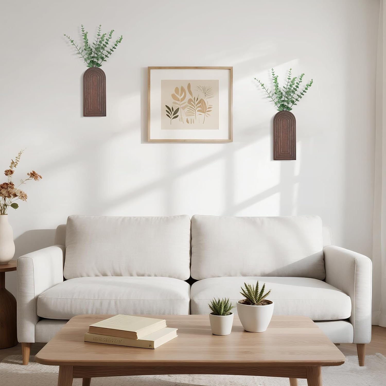 Dahey Wood Wall Vase Planter with Artificial Eucalyptus, 2 Pack Hanging Planter for Indoor Fake Plants Modern Boho Farmhouse Wall Art Decor for Bathroom Bedroom Kitchen Office Home Decoration, Brown