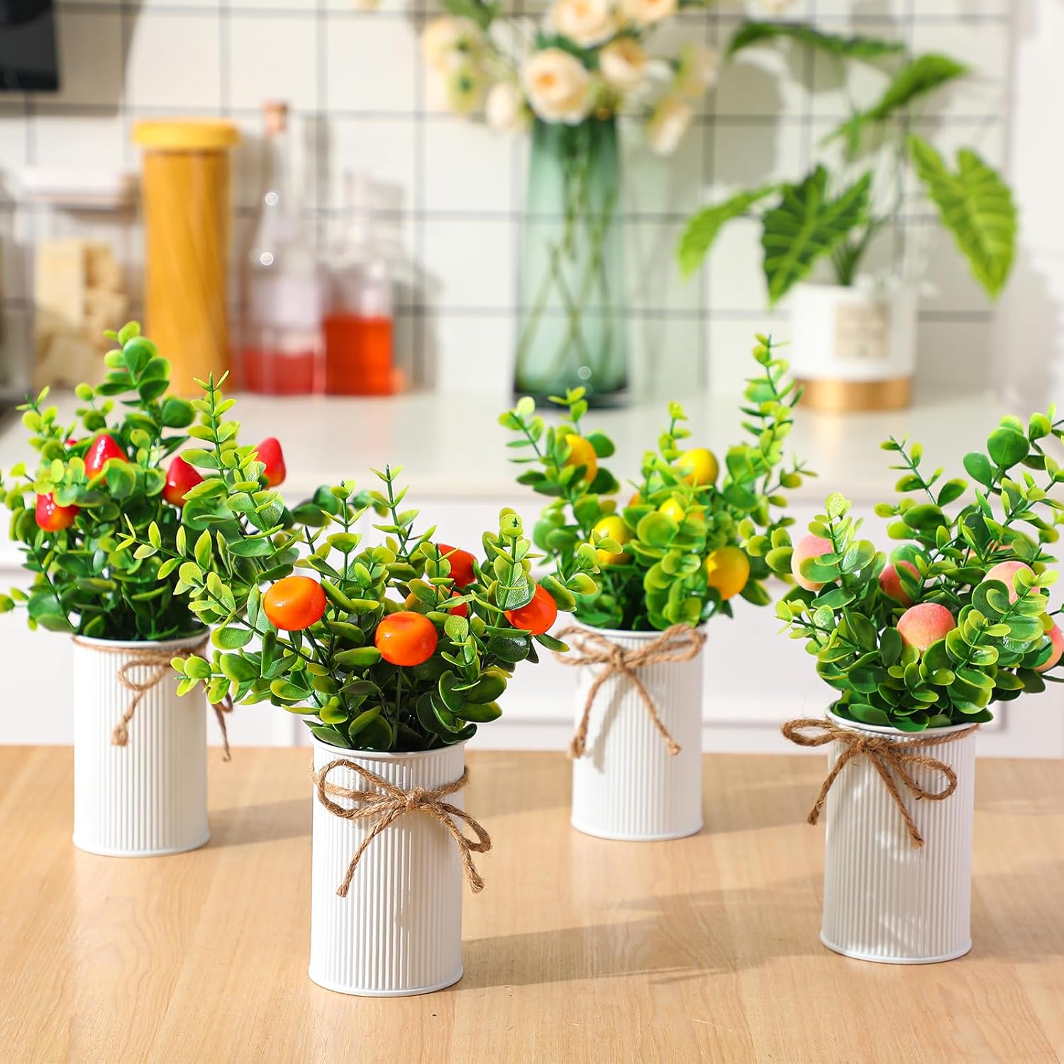 Dandat 8 Pieces Artificial Fruit Plants with Vase Strawberry Centerpieces for Tables Fake Lemon Orange Peach for Summer Kitchen Home Table Centerpieces Farmhouse Decoration