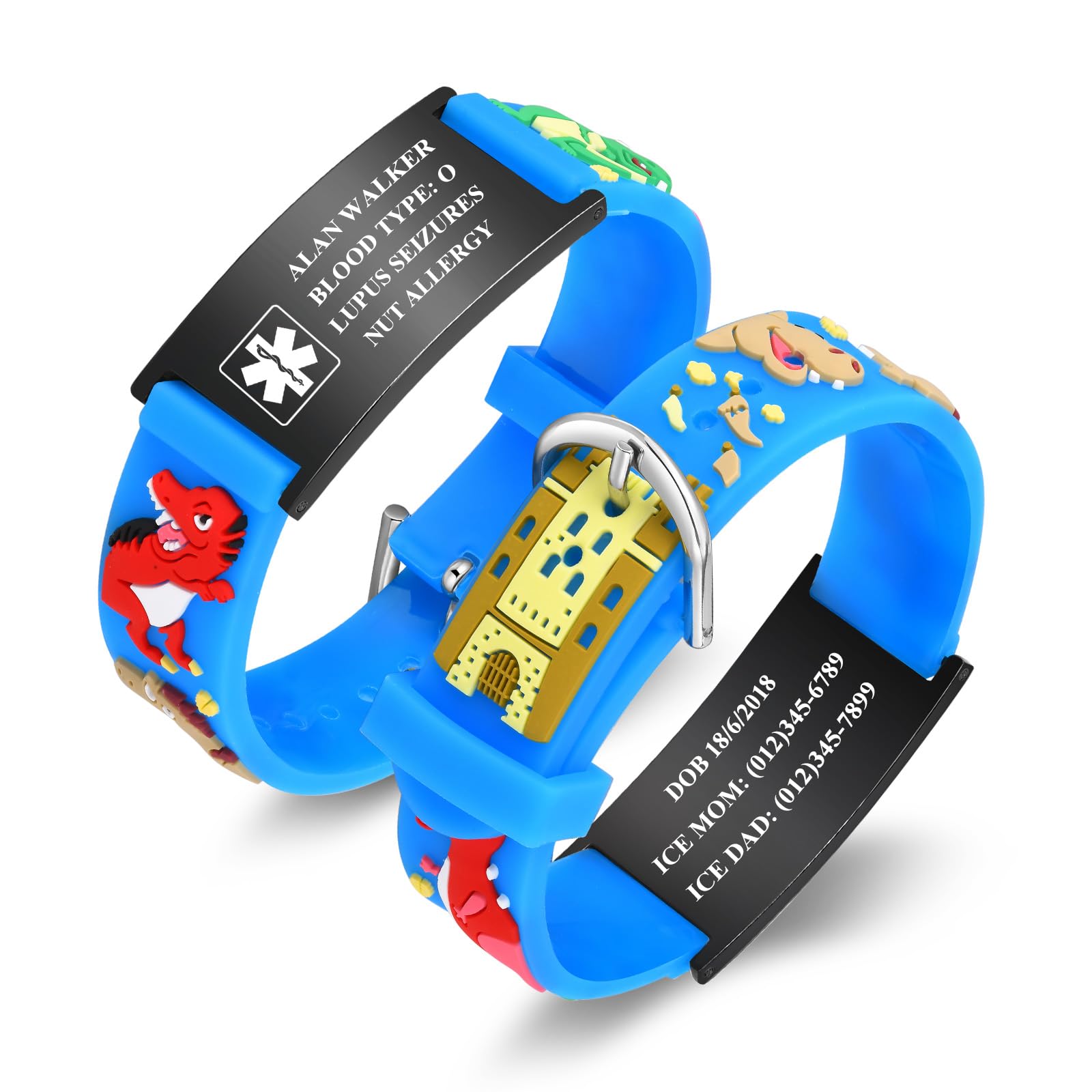 Gamtic Kids Personalized Medical ID Bracelet-Adjustable Kids Bracelet (Blue-Black-02)