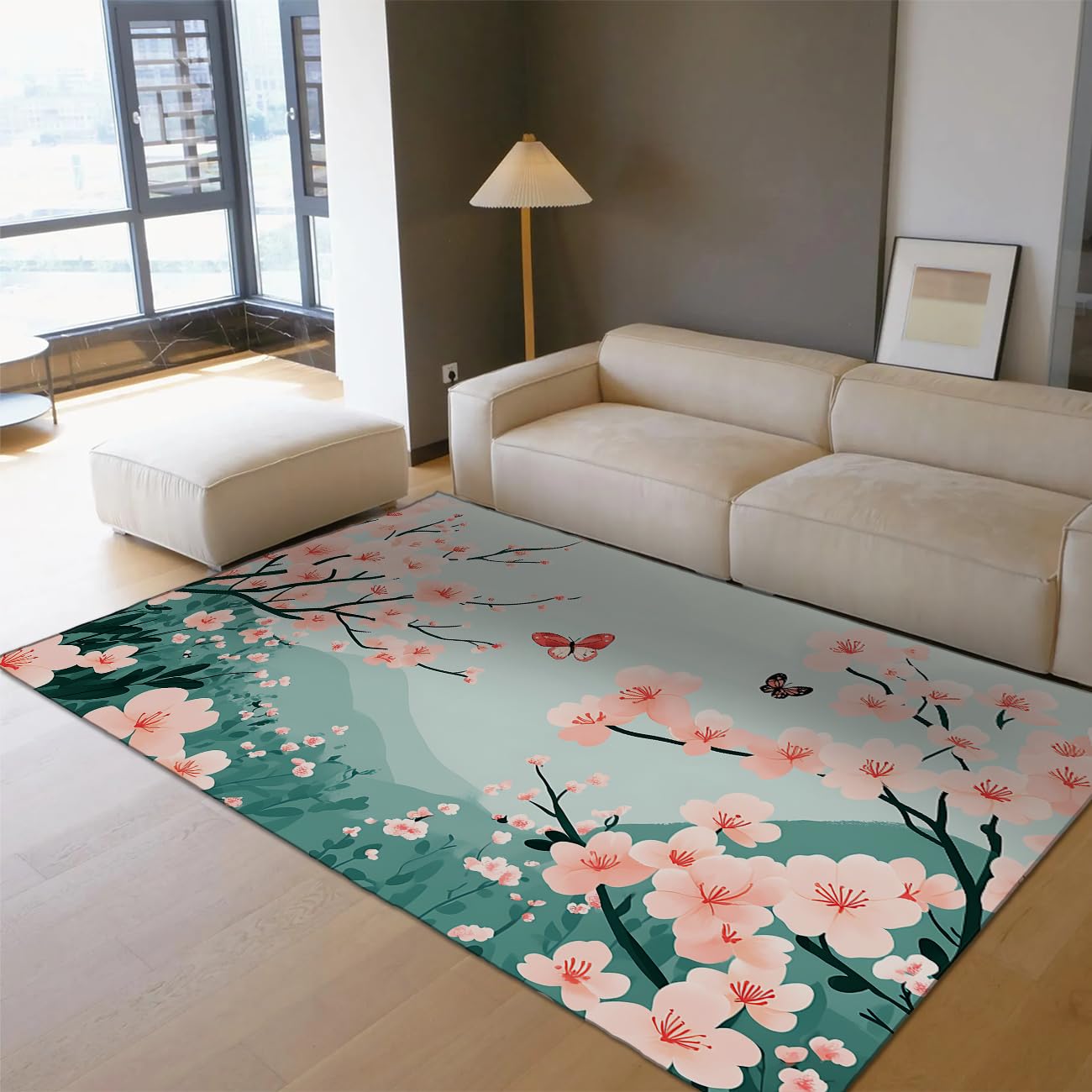 Tapis lavable grand tapis de salon 150x240cm fleurs et papillons