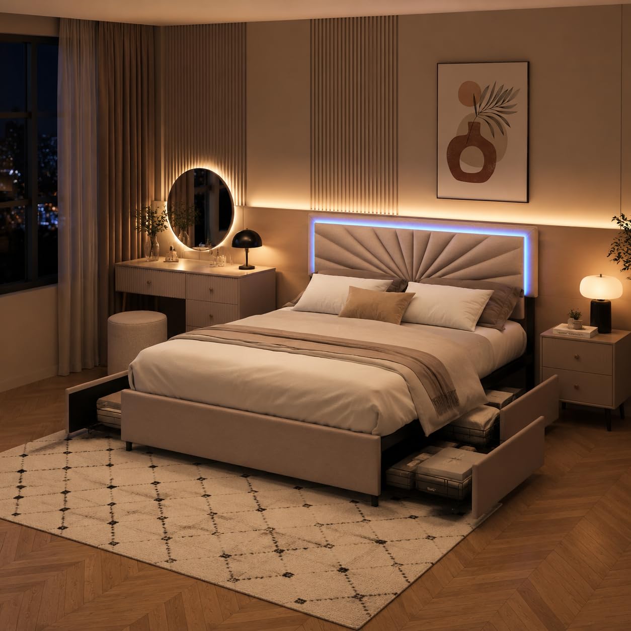 CDQL Letto matrimoniale 160 x 200 cm, con 4 cassetti per riporre oggetti, letto imbottito, letto a LED con testiera regolabile in altezza, struttura del letto con rete a doghe, lino, beige