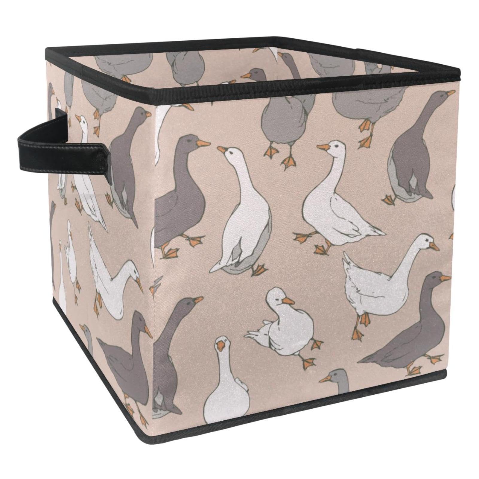 Boîte de rangement en tissu avec poignées et motif oies grises