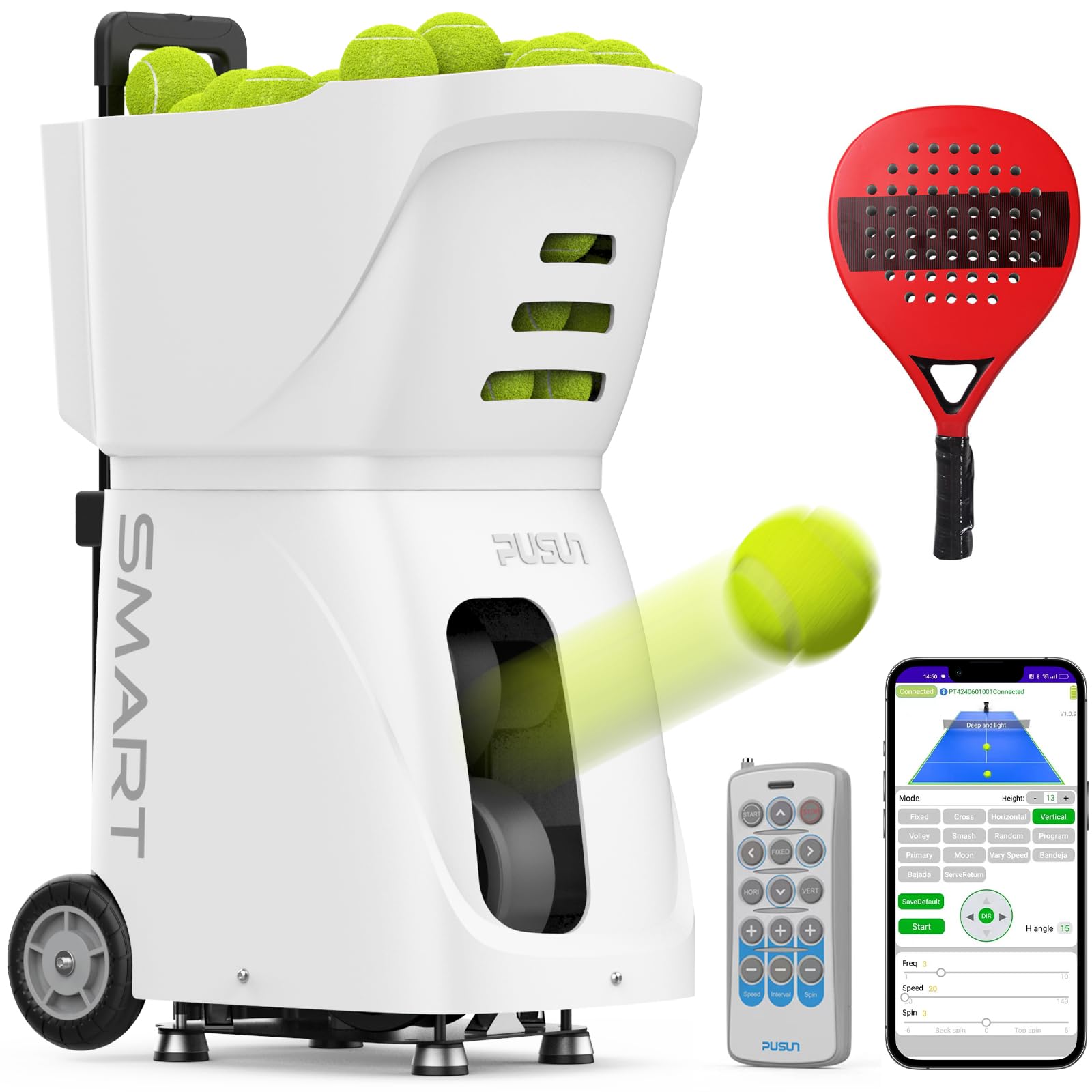 PUSUN Padel-Smart-Professional Padel Ball Machine with App Control - 100+ Ball Capacity - 4-6h Battery - 12 Training Modes (White)