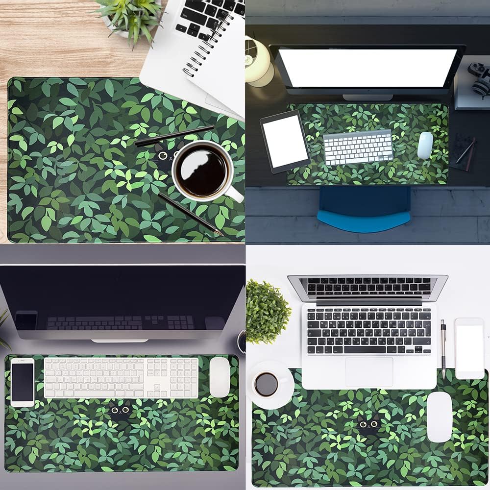 Extended Large XXL Cute Cat Mouse Pad, Green Keyboard Desk Pad, Funny Big Gaming Mousepad with Stitched Edges, and Non-Slip Rubber Base Desk Mat for Office Decor (31.5''X15.7''X1.57'')