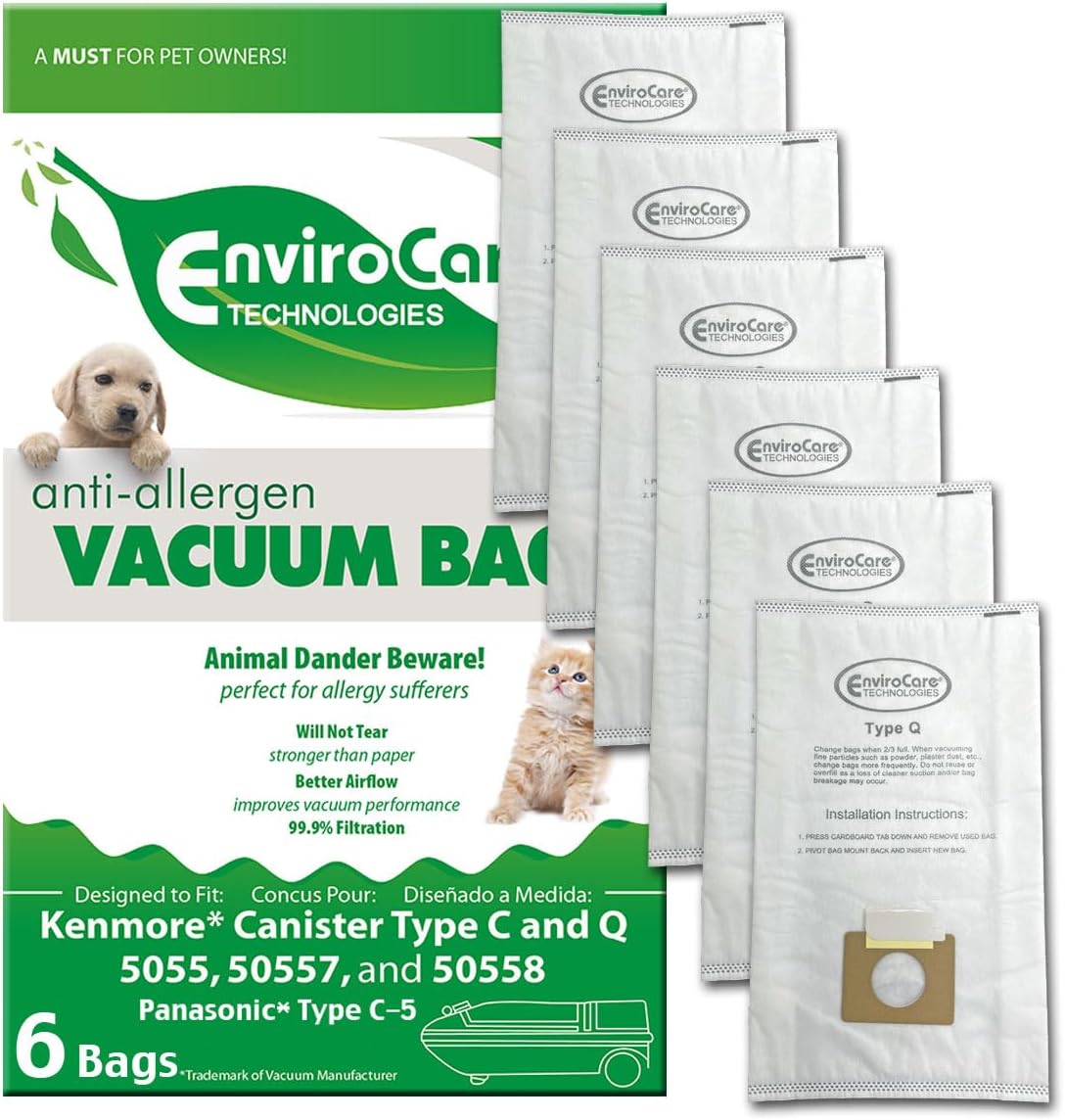 Envirocare Replacement Allergen Vacuum Bags for Kenmore Canister Type C and Q 50555, 50558, 50557 and Panasonic Type C-5 6 pack
