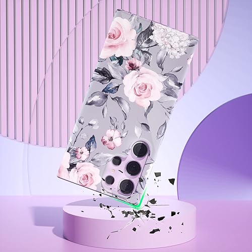 Miniatura 2 de YeLoveHaw Funda diseñada para Samsung Galaxy S23 Ultra para mujeres y niñas, patrón de flores rosas y hojas moradas grises, delgada y dura completa