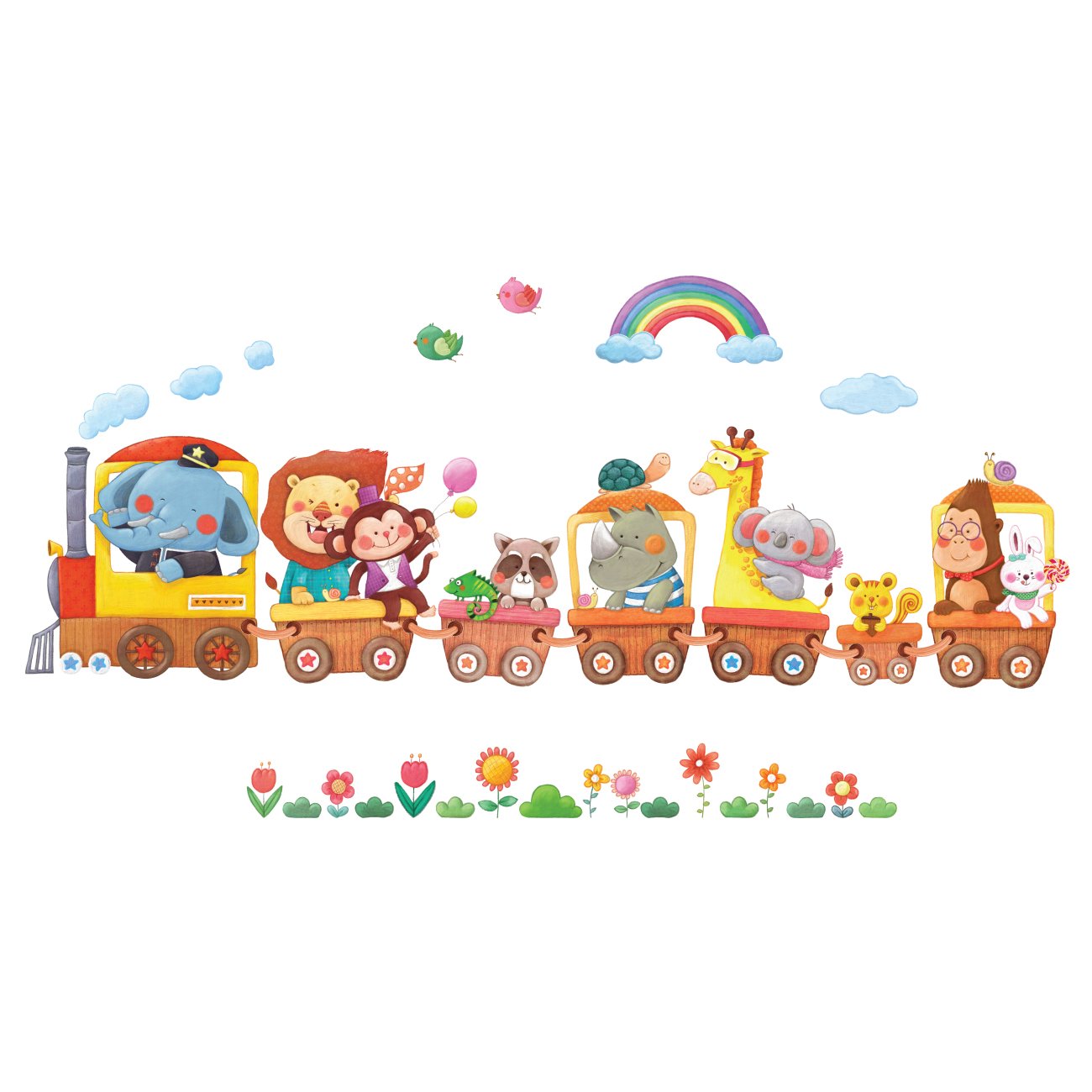 DECOWALL DS-8024 Animal Trains (Small) Kids Wall Stickers Decals Peel and Stick Removable for Nursery Bedroom Living Room art murals decorations