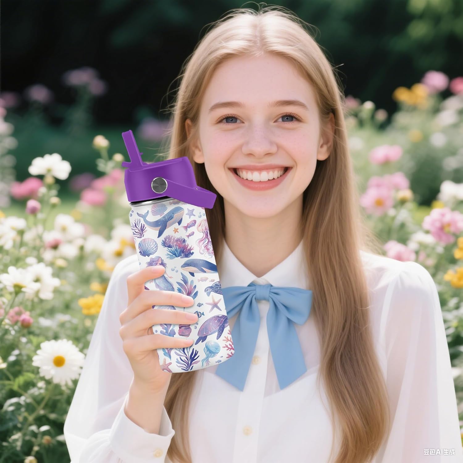 Ocean Gifts for Kids - 16 Oz Purple Water Bottle with Straw Lid, Stainless Steel Insulated Tumbler, Leak Proof, BPA-Free, for Girls & Boys, School, Beach - Marine Life Lovers Birthday Gifts (1pc) - Image 2