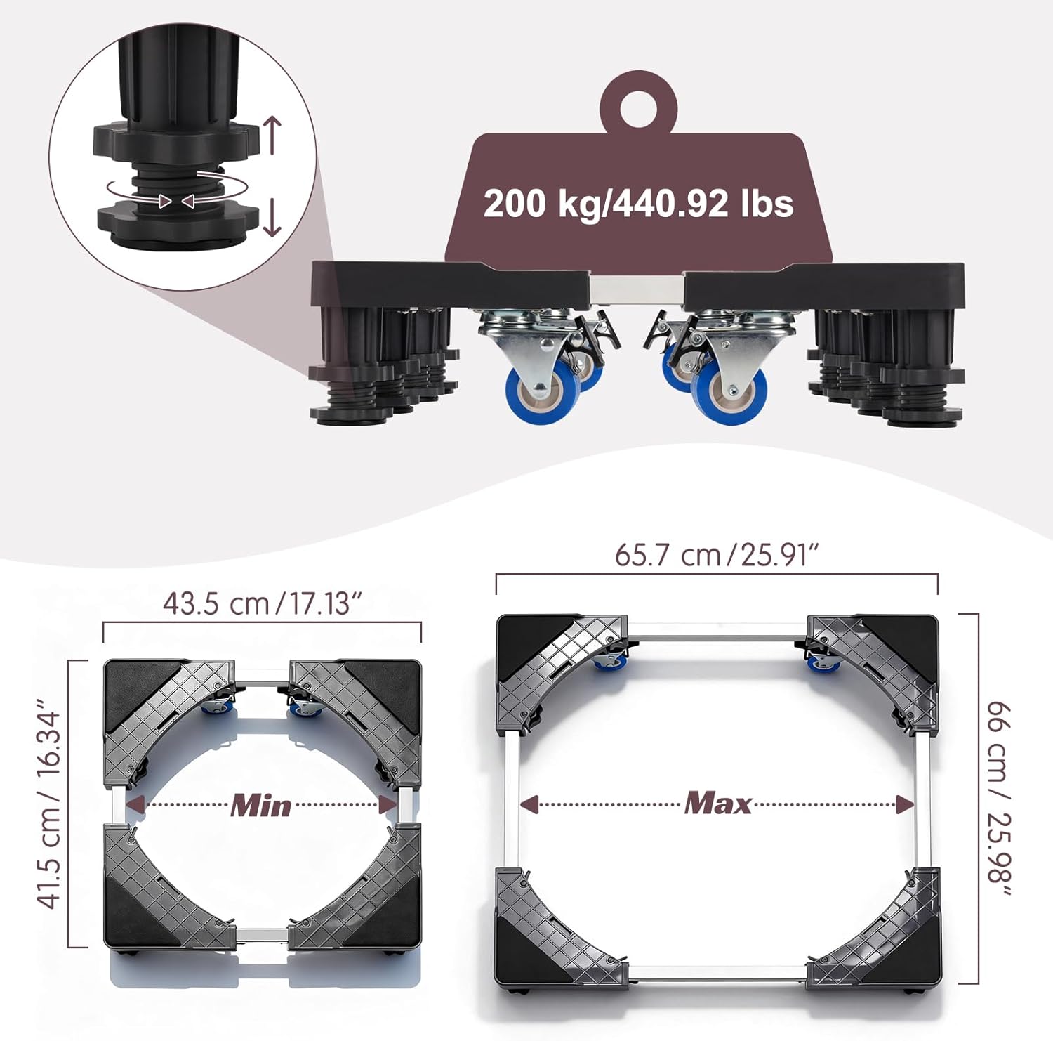 BreeRainz Universal Appliance Stand,Adjustable Washing Machine Stand with 8 Strong Feet,Mini Fridge Stand for Washer,Refrigerator,Dryer（Plastic + Stainless Steel）