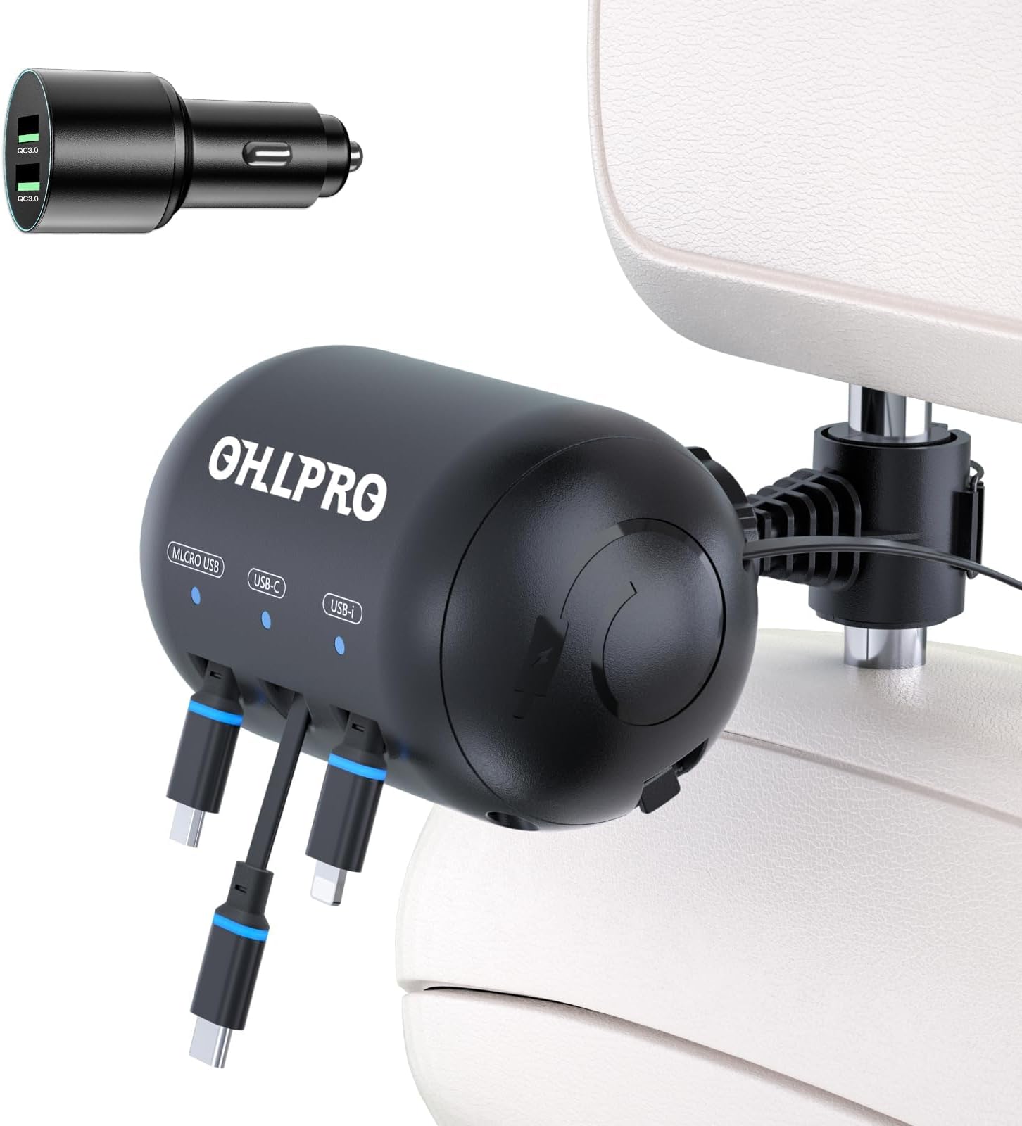 OHLPRO Multi Car Retractable Backseat 3 in 1 Car Charging Station Box Compatible with All Phones | iPhone | Samsung | Uber Taxi Lyft Turo Ride Share Customer Charging Dock Attach to Headrest