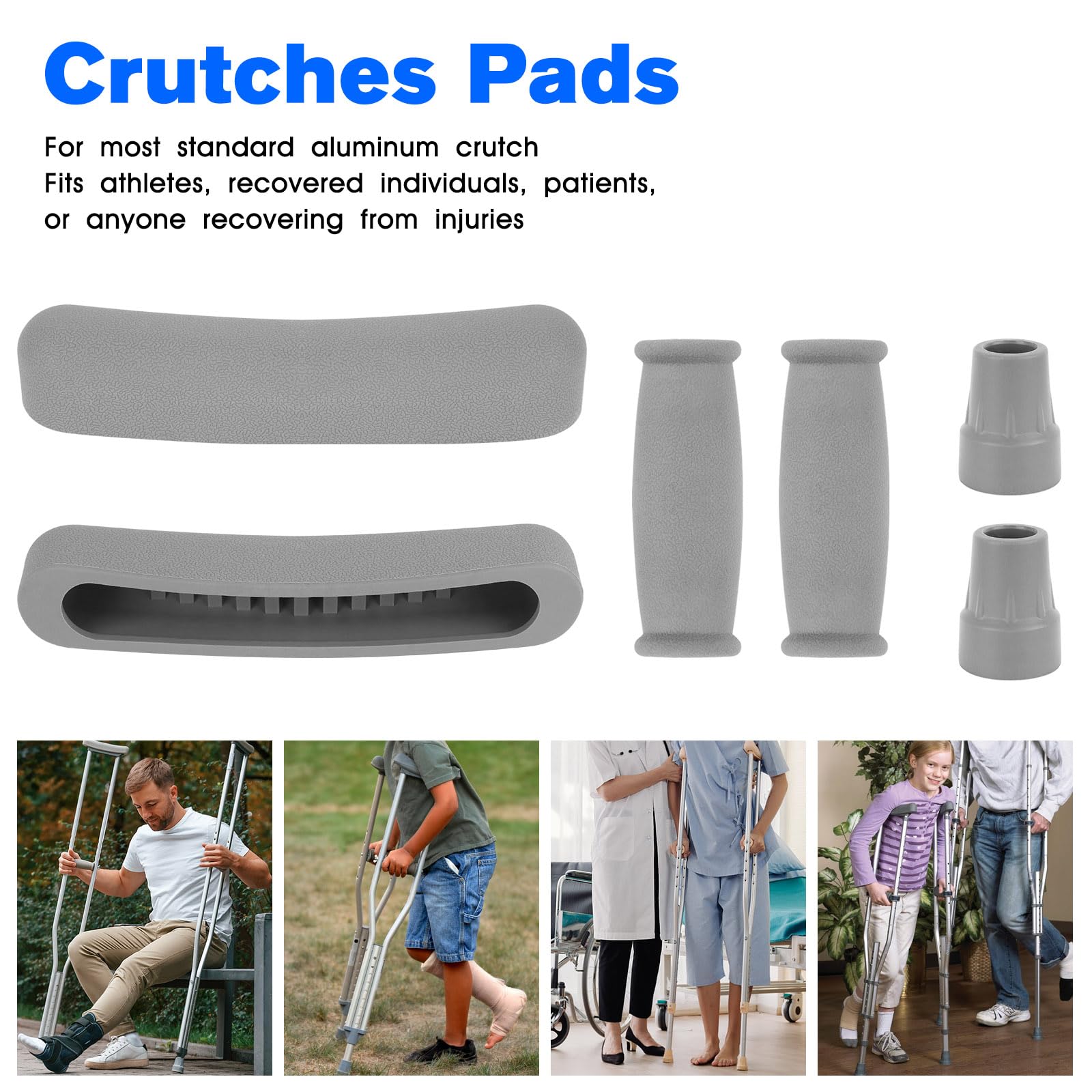 Almohadillas de repuesto para muletas de repuesto para axilas, muletas para caminar, muletas de brazo, empuñaduras y tapas de pies, se adapta a muletas de aluminio estándar, juego de 6 piezas