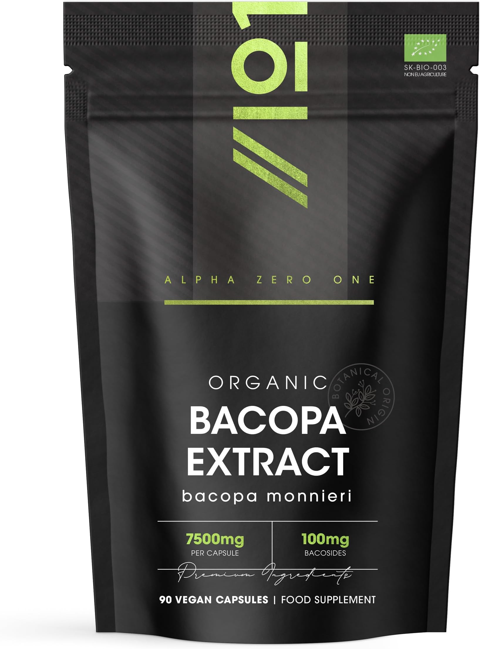Organic Bacopa Monnieri Capsules 7500mg - 20% Bacosides (100mg Per Capsule) – 90 Count – Resealable and Recyclable Pouch by Alpha01