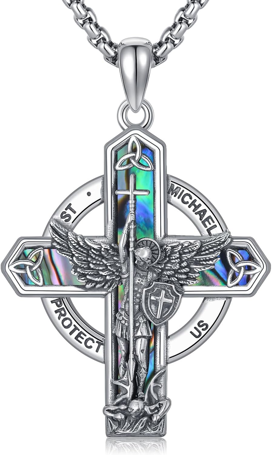 Patron Saint Necklace S925 Sterling Silver Four Way Cross Necklace St Michael/St Christopher/St Benedict/St Joseph/St Francis Pendant, Religious Protection Necklace for Men Women Birthday Valentines Day Father's Day Anniversary