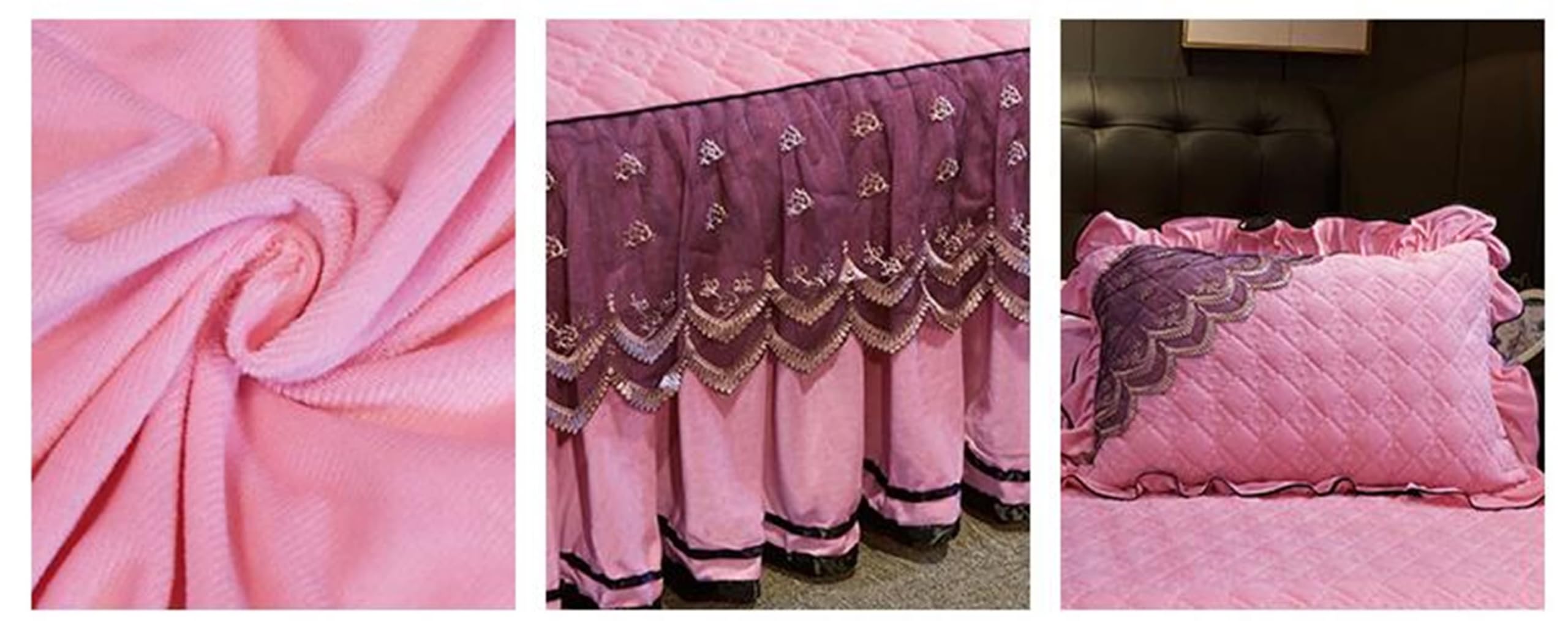 KnSam Lenzuolo con angoli e 2 federe morbide – 180 x 200 cm – rosa, velluto di cristallo, gonna da letto ricamo in pizzo, lenzuolo invernale trapuntato caldo confortevole