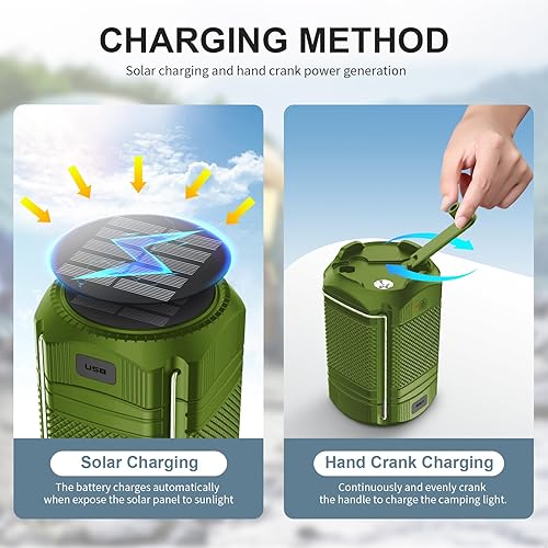 Miniatura 2 de Linterna de campamento de 5000 mAh solar con manivela LED telescópica cargador USB para cortes de energía, lámpara portátil recargable con pilas,