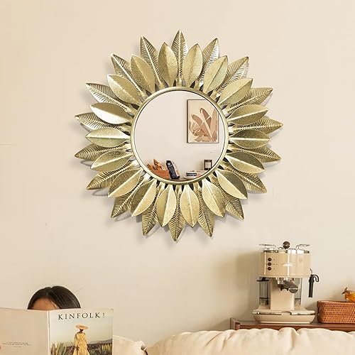 Miniatura 8 de Espejo de pared de metal dorado de 24 pulgadas, diseño de flores hechas a mano, espejo redondo de lujo, decoración de pared bohemia para dormitorio,